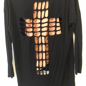 Black long sleeve top with cut out cross detailing